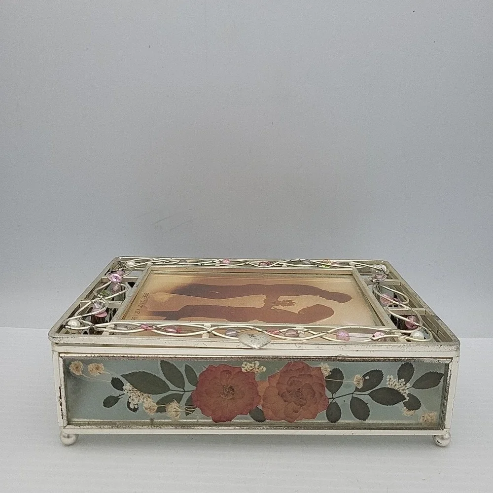 Vintage Glass Jewelry Trinket Photo Box w/ Colorful Beads On Wire